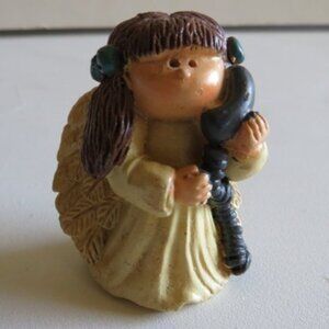 Angel Talking on a Vintage Corded TELEPHONE Figure with Long Dark Brown Hair